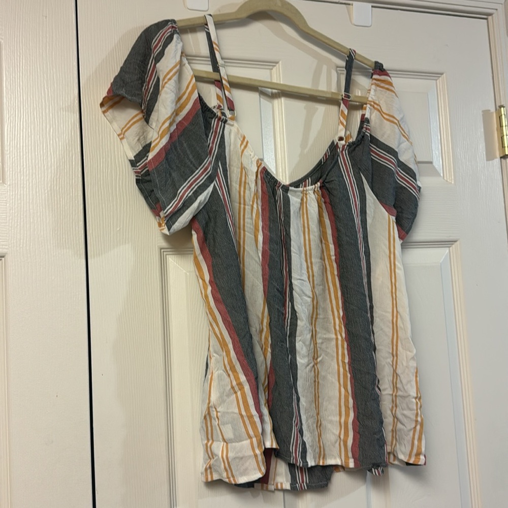 Torrid cream navy red striped boho off the shoulder  button summer top XXL - Picture 9 of 10